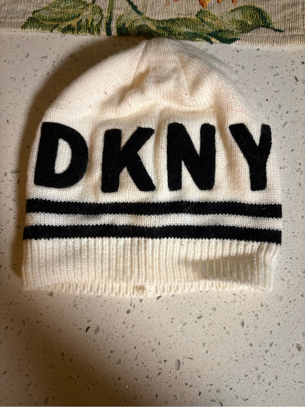 DKNY white & cream beanie with black stripes